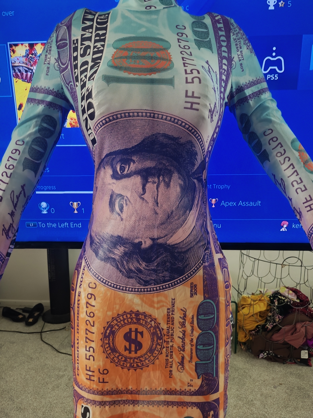 Money Print Long-Sleeve Bodycon Dress - Green & Orange